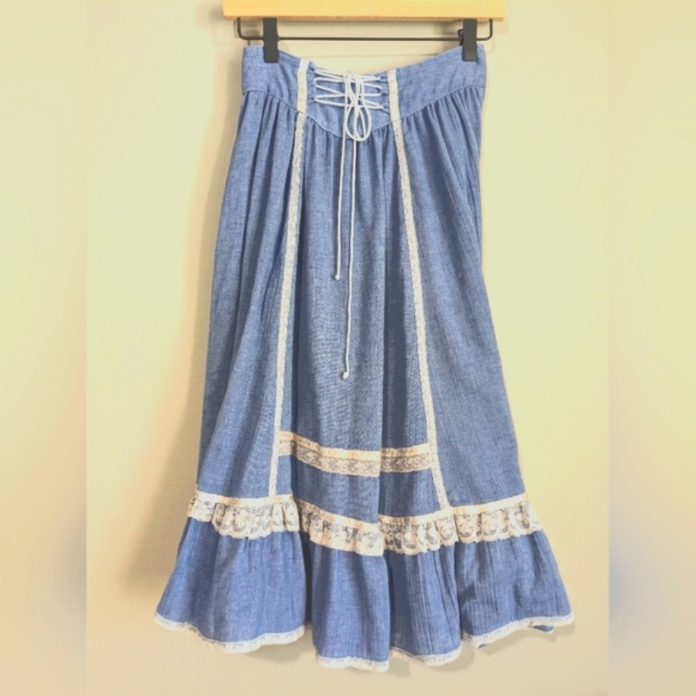 Jessica's Gunnies Jessica Sax McClintock Corset High Waist Lace Trim Midi Skirt - Picture 2 of 13